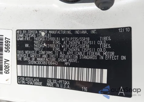 2011 Toyota Sienna Limited V6 из США, поврежденный, VIN 5TDYK3DCXBS106443